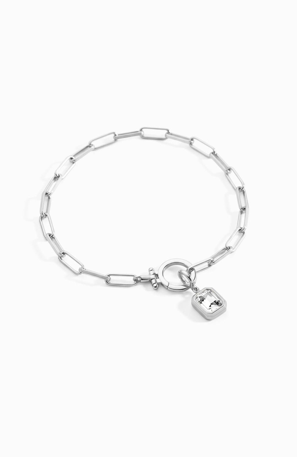 Baguette Birthstone Charm on Mint Paperclip Bracelet