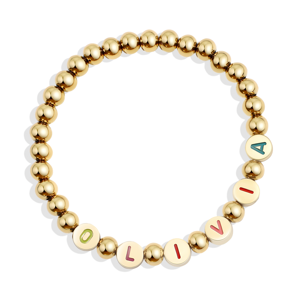 Mint & Lily Bracelet à Perles Dorées avec Lettres Arc-en-Ciel Personnalisables
