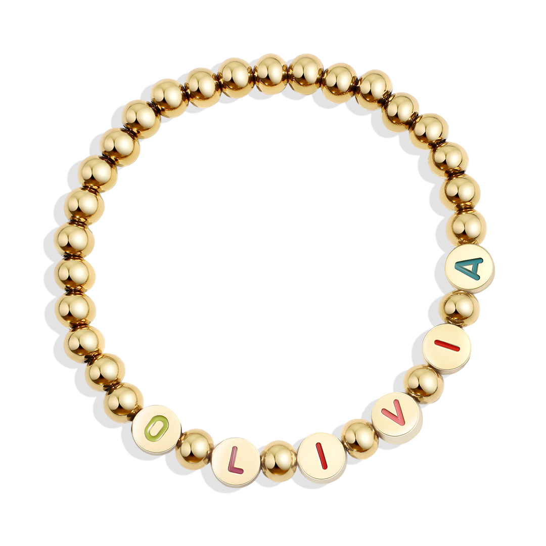 Mint & Lily Bracelet à Perles Dorées avec Lettres Arc-en-Ciel Personnalisables