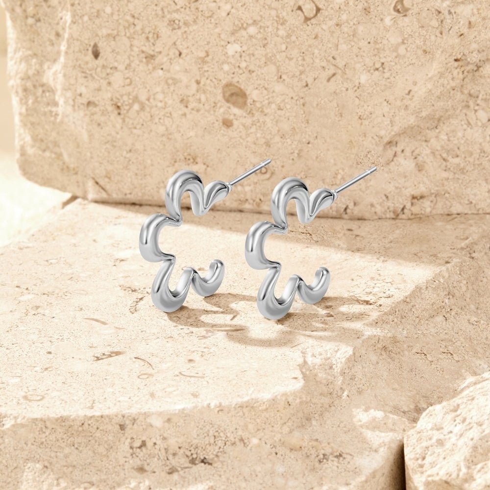 Geometric Silver Flower Hoop Earrings